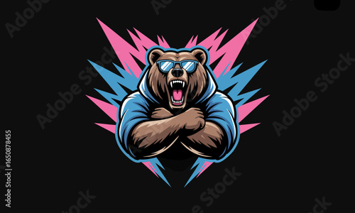 This powerful image features an aggressive bear with sunglasses, flexing its muscles in a blue hoodie, surrounded by vibrant colors representing strength and confidence.