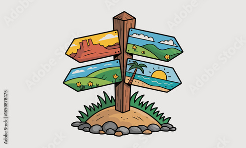Charming signpost featuring three colorful panels depicting various scenic views. Perfect for adventure seekers looking to explore the beauty of nature.