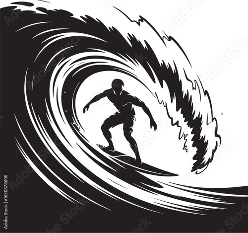 Surfer rides powerful wave barrel, dynamic action shot