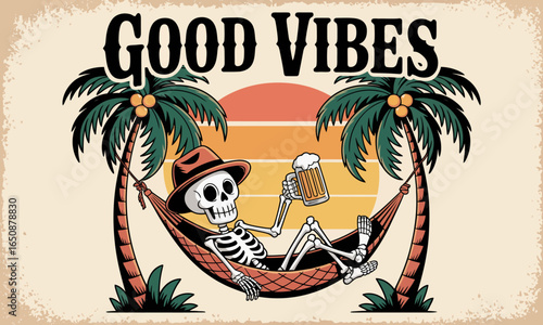 A playful illustration featuring a skeleton relaxing in a hammock with a beer, surrounded by palm trees against a vibrant sunset backdrop, embodying laid-back vibes.