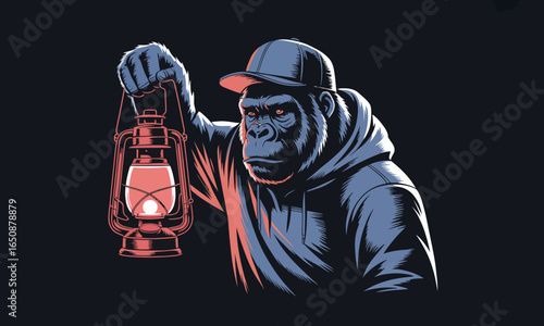 An intense gorilla character dressed in a hoodie and cap holds a lantern, exuding strength and determination in a bold and dynamic artistic composition against a dark backdrop.
