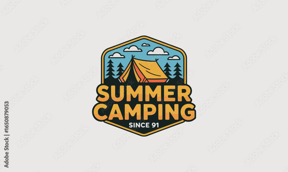 Obraz premium A lively camping logo showcasing a tent beneath a clear blue sky, capturing the essence of summer adventures, relaxation, and joyful outdoor experiences.