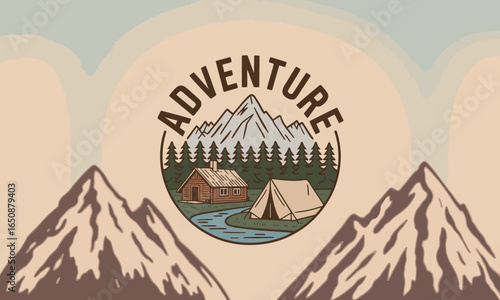 A beautifully crafted illustration featuring captivating mountains, a cozy cabin, and camping gear, embodying the spirit of adventure and the allure of exploring nature's wonders.