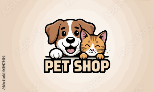 This charming illustration features a happy dog and a playful cat peeking over a sign that reads 'Pet Shop', perfect for conveying warmth and companionship in pet ownership.
