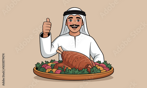 An enthusiastic man showcases a beautifully arranged lamb platter, featuring vibrant vegetables and herbs, representing joy and the richness of Middle Eastern food culture.