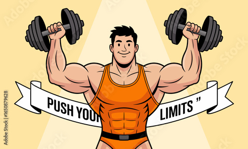 A strong, muscular athlete is proudly lifting dumbbells while wearing an orange outfit, encouraging viewers to push their limits and pursue their fitness goals with determination.