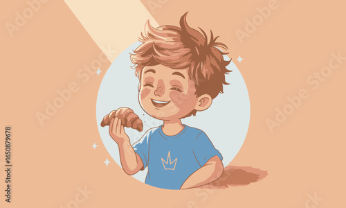 A smiling child with a croissant in hand, radiating happiness and encapsulating the joy of enjoying delightful baked goods.