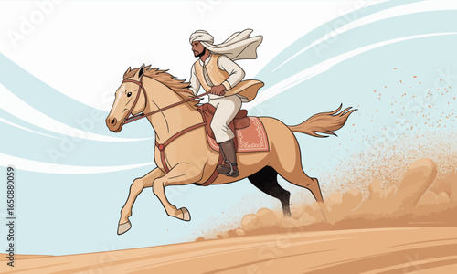 This dynamic image captures a rider in traditional attire galloping powerfully across a sandy desert landscape, showcasing speed and grace alongside cultural significance.