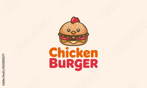 This vibrant logo features a cute chicken burger character with layers of fresh ingredients, making it perfect for a food brand looking to stand out in the market.