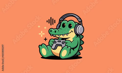 This playful illustration features a cartoon alligator enjoying video games, complete with headphones and a gaming controller, embodying joy and leisure in gaming culture.