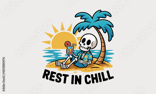 A chill skeleton in a colorful shirt enjoys a tropical drink on the beach, encapsulating a blend of humor and the carefree nature of summery days.