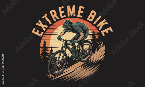 A skilled mountain biker captures the thrill of descending with speed and agility, demonstrating energy and adventure, ideal for extreme sports and cycling enthusiasts.