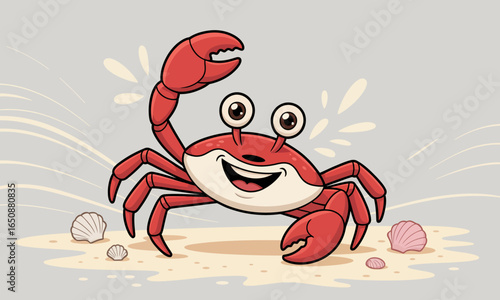 This cheerful cartoon crab with big eyes waves happily, standing on the sandy shore surrounded by seashells, conveying a fun and playful sea life vibe.