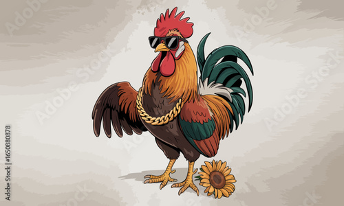 This stylish cartoon rooster dons sunglasses and a gold chain, radiating a confident and trendy vibe, making it perfect for lighthearted and humorous designs.