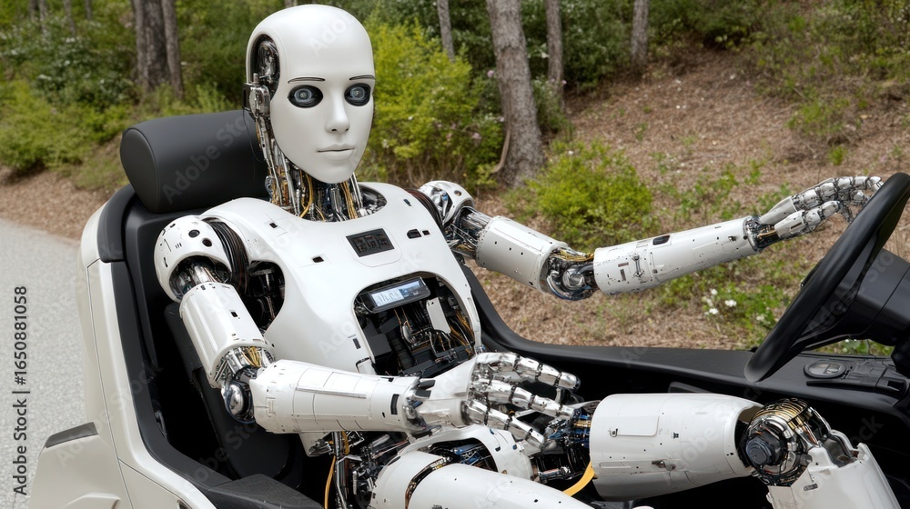 Fototapeta premium Futuristic automation: Advanced android driving on a scenic road in the countryside represents