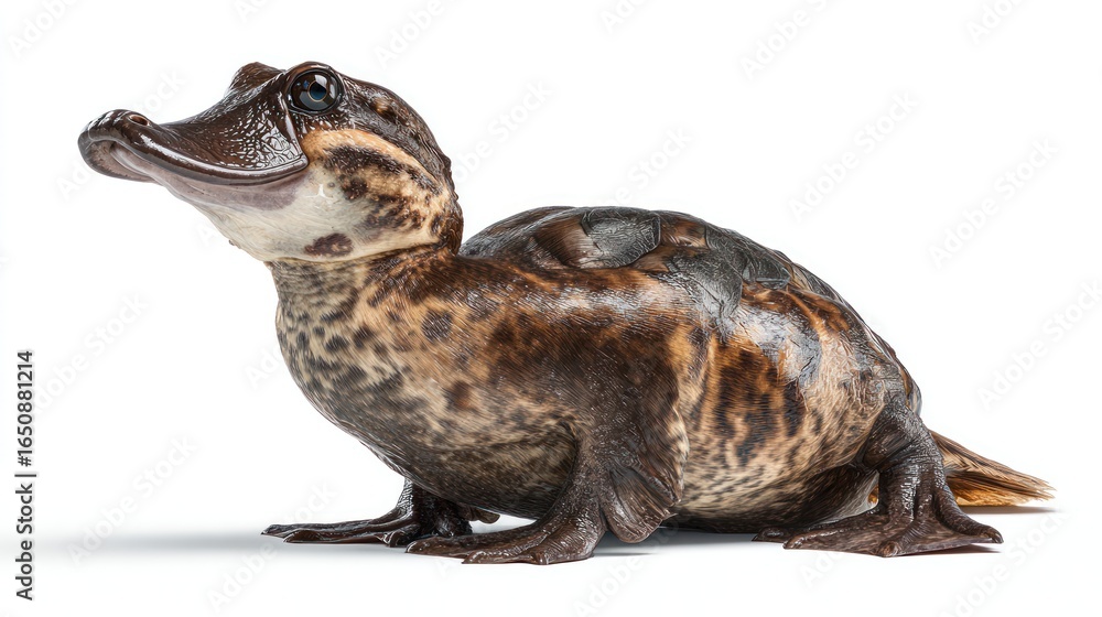 Fototapeta premium A three-quarter view of a young platypus, showcasing its unique bill, dark brown mottled fur, and webbed feet against a stark white background
