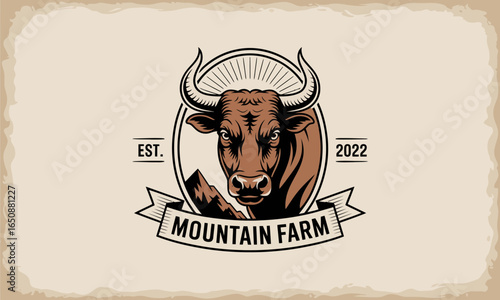 A vintage logo features a robust bull against mountainous terrain, symbolizing strength and agriculture, making it ideal for farm branding and rustic themes.