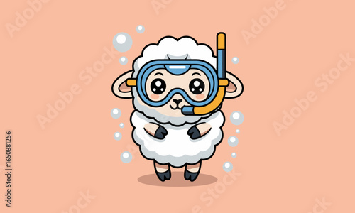 This adorable sheep character is snorkeling underwater, complete with gear and bubbles, creating a fun and whimsical scene suitable for various themes and designs.