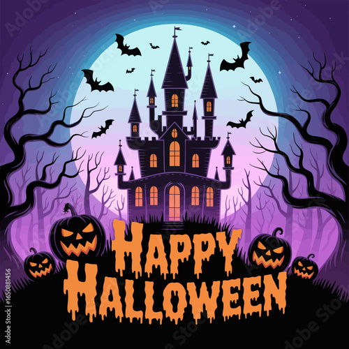 This spooky Halloween scene features a haunted castle silhouetted against a full moon, surrounded by bats and carved pumpkins, embodying the spirit of Halloween night.