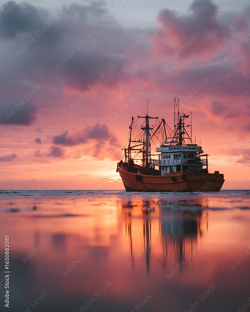 Obraz premium Fishing Vessel Sailing Through Calm Waters Under a Dramatic Sunset Sky