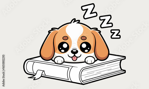 A cute puppy resting peacefully on an open book, capturing the essence of comfort and relaxation. This charming image highlights the bond between pets and reading.