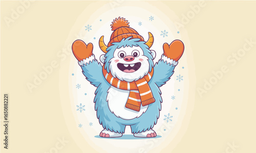 This image showcases an adorable Yeti character dressed in winter gear, complete with a cozy hat and scarf, exuding joy and warmth in a snowy backdrop.