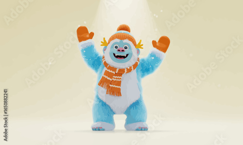 A vibrant yeti character dressed warmly in winter gear, radiating a joyful vibe. This playful creature embraces the spirit of winter and adventure with its charming appearance.
