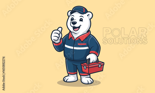This engaging polar bear character dressed in a service uniform holds a toolbox while giving a thumbs-up, perfect for conveying messages of trust and reliability in service industries.