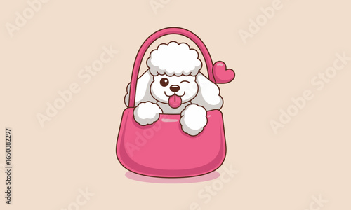 This cute illustration depicts a fluffy poodle playfully peeking out of a pink handbag, radiating charm and joy in a delightful and whimsical style.