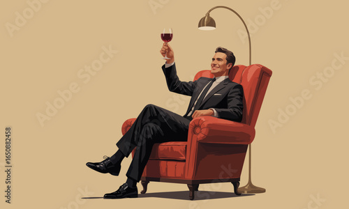 A stylishly dressed man sitting in a luxurious chair raises a glass of red wine, exuding confidence and elegance in a relaxed, sophisticated atmosphere.