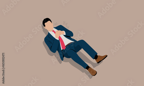 A well-dressed businessman lies on the floor, reflecting on feelings of failure, evoking an intense moment of introspection amidst a corporate backdrop filled with emotion.