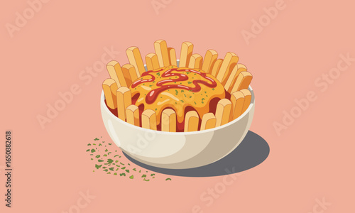 This illustration showcases a delectable bowl of fries generously topped with cheese and sauce, capturing the essence of culinary delight in a vibrant and appealing manner.
