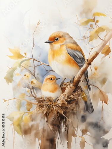 Birds in nest surrounded by autumn leaves