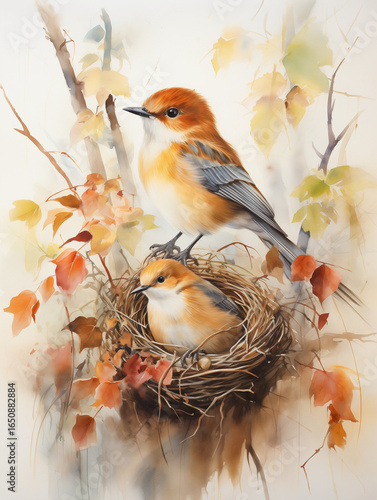 Birds in nest surrounded by autumn leaves