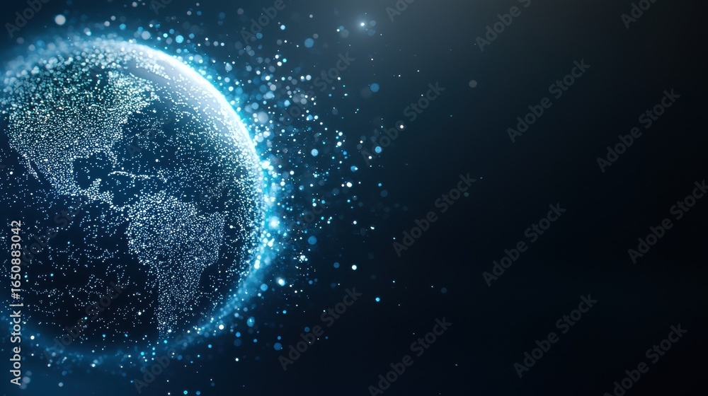 Fototapeta premium Artificial Intelligence and Machine Learning Rotating globe with data overlays showing AI capabilities and applications, space background, visualizing the global impact of AI