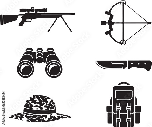 Hunting gear icons: rifle, bow, binoculars, knife, hat, pack