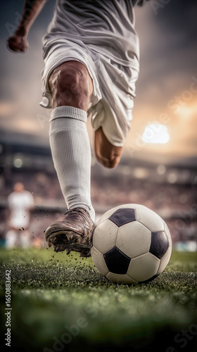 Soccer player kicks a ball on a field. The image captures the excitement and energy of the game