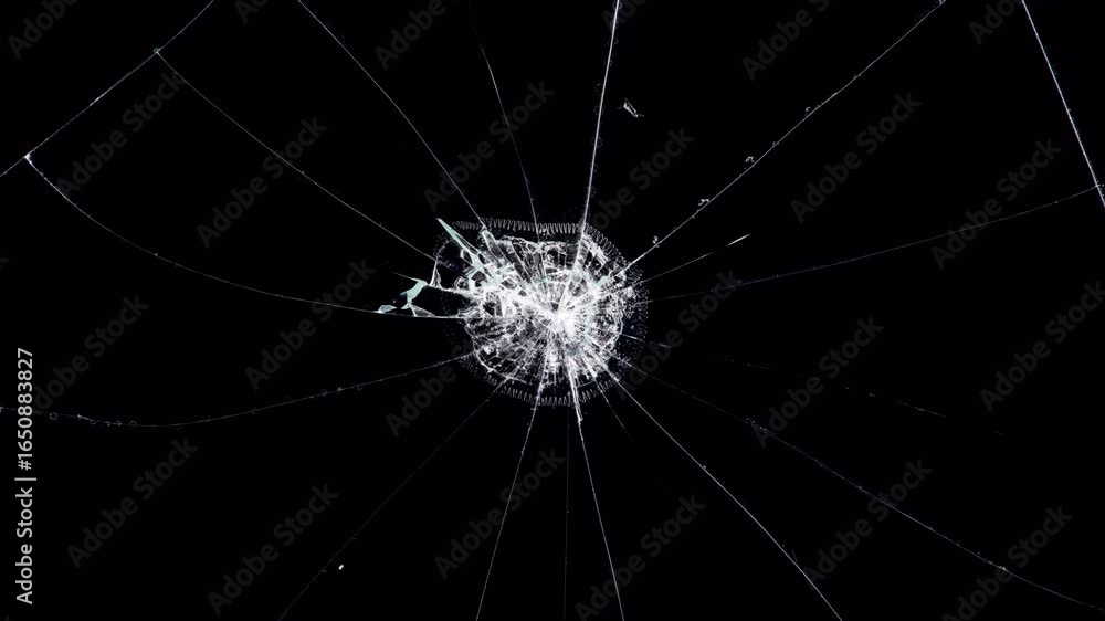 Shattered Glass: Dynamic Cracks and Splinters on Black Background - Destruction Visual