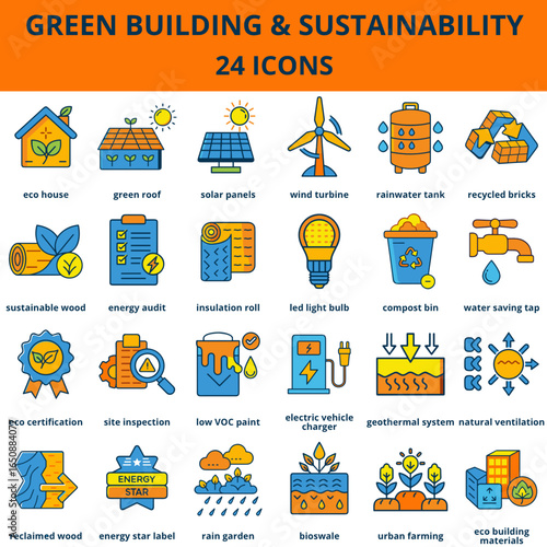 Set 24 Green building and sustainability icons in colorful flat design design collection flat colored outline style (blue, yellow orange colors)  in colorful vector style 