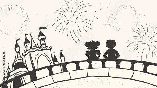Silhouette of couple on bridge watching fireworks with castle in background in black and white illustration