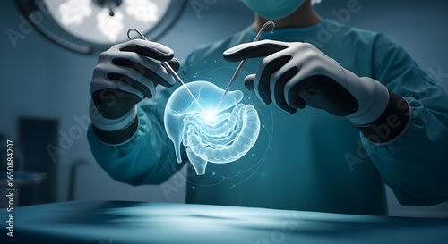 Surgeon's gloved hands operating on a glowing 3D model of internal digestive organs