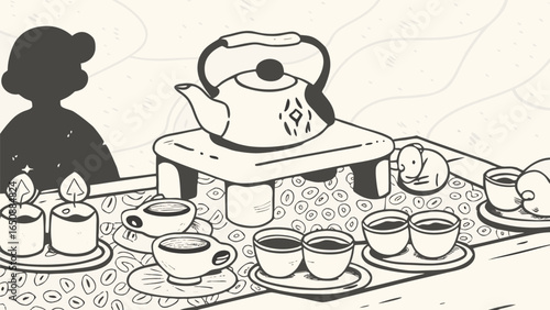 A tea party scene with a teapot on a stand, cups, candles, and a shadowed figure in the background silhouette