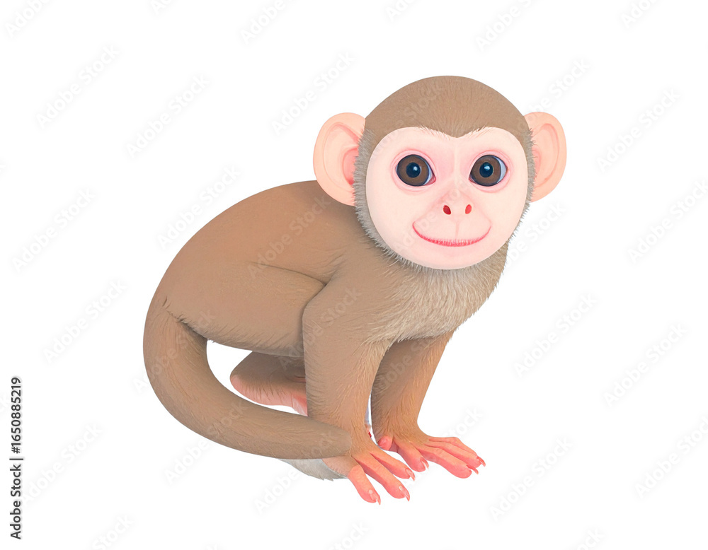 Fototapeta premium Cute cartoon monkey with soft brown fur big eyes and a friendly smile sitting down.