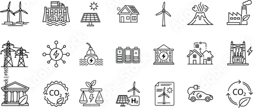 Renewable Energy Source Icons Emphasizing Sustainability and Clean Power Generation Technologies for Environmental Preservation and a Greener Future