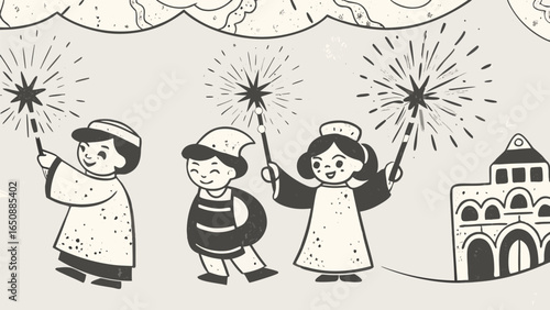 Three children holding sparklers with a building and clouds in a monochrome illustration style silhouette