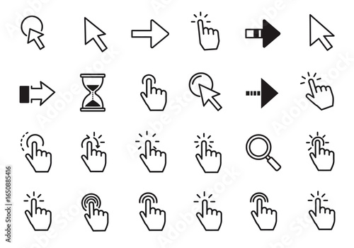 Collection of Cursor and Hand Icons Depicting Selection, Direction, and Search Functionality for User Interface Design