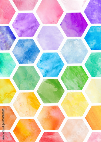 Vibrant watercolor hexagons pattern with a rainbow color palette