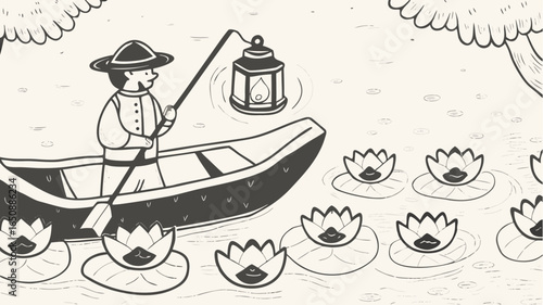 Man in boat with lantern paddles through lily pads on water surrounded by trees in monochrome scene silhouette