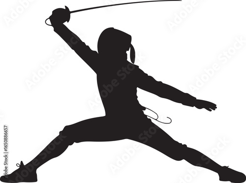 Fencer in dynamic pose with sword ready for action