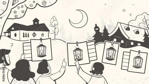 People looking at lantern drawings hanging outside with a moon and houses in the background scene outdoors silhouette